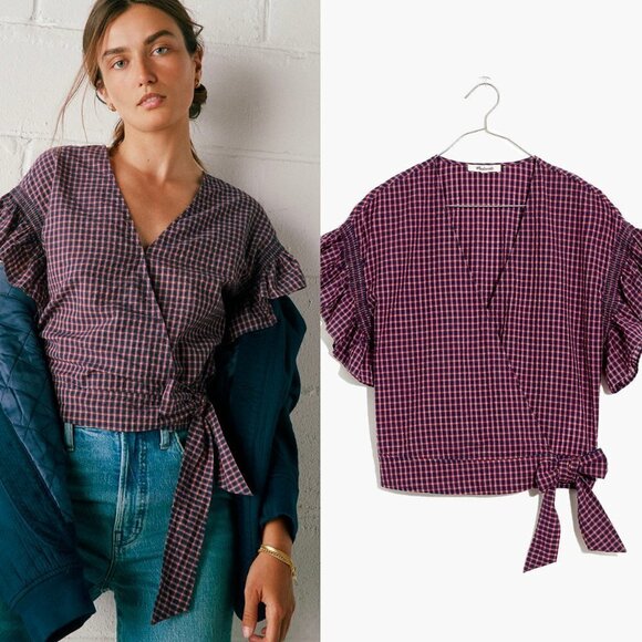 ☀️ MADEWELL Flutter-Sleeve Side-Tie Wrap Top in Plaid XS Crop Casual Boho Cute - Picture 1 of 6